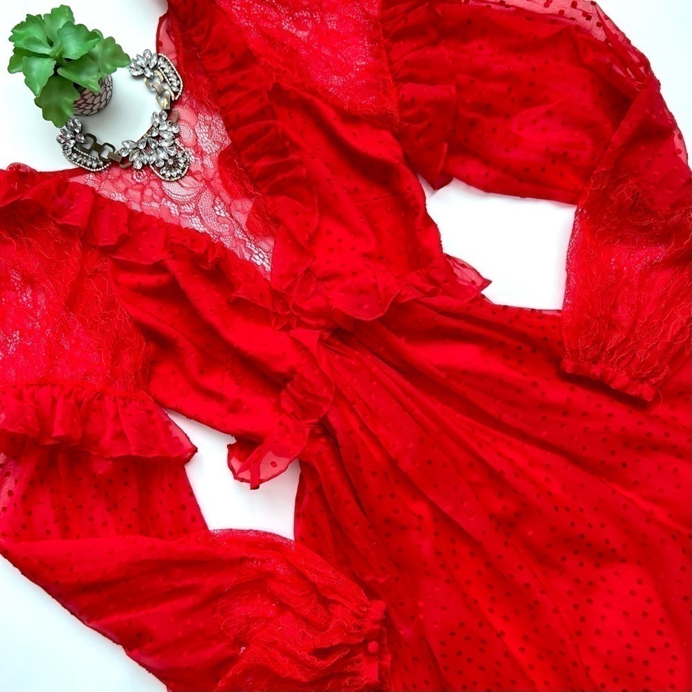 Free People Red Dottie Mini Dress Long Sleeve Ruffle Lace Open Back Size Small